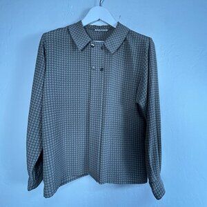 Vintage Jaeger Womens Long Sleeve Button-Up Blouse Beige Blue Geometric Print